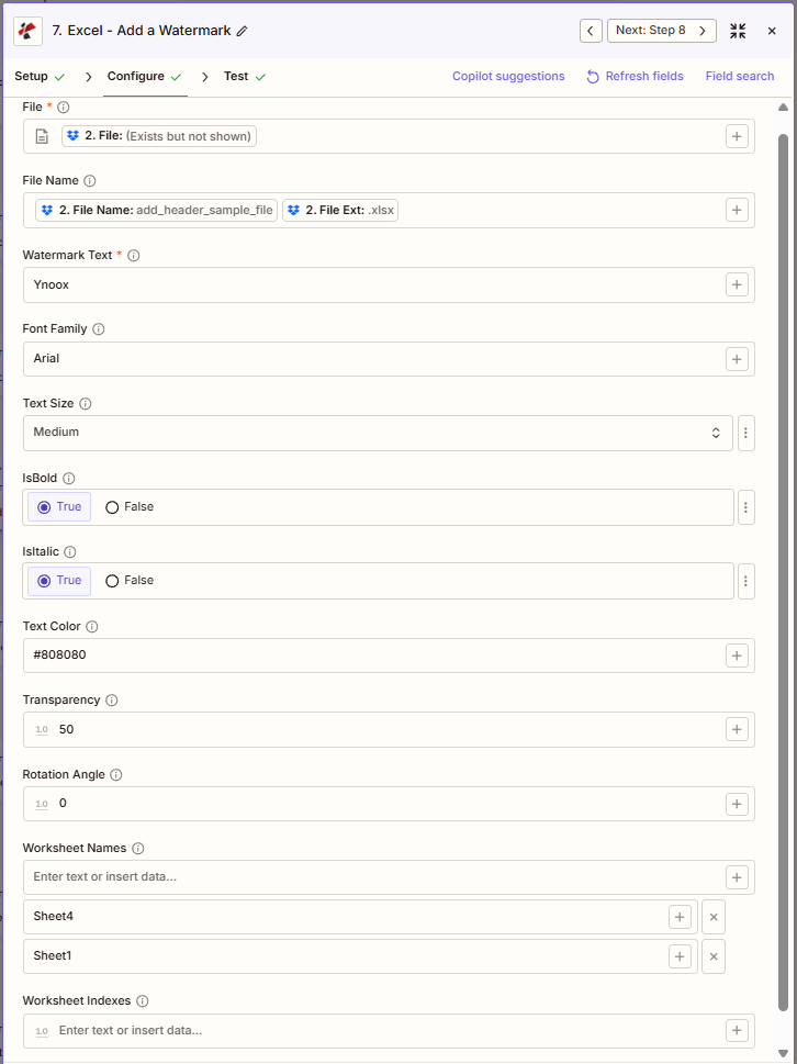 Clique para ampliar Configuração do Zapier para adicionar marca d'água ao PDF4me no Excel: Arquivo, Nome do Arquivo, Texto da Marca d'água, Família da Fonte, Tamanho do Texto, Negrito, Itálico, Cor do Texto, Transparência, Ângulo de Rotação, Nomes das Planilhas, Índices das Planilhas